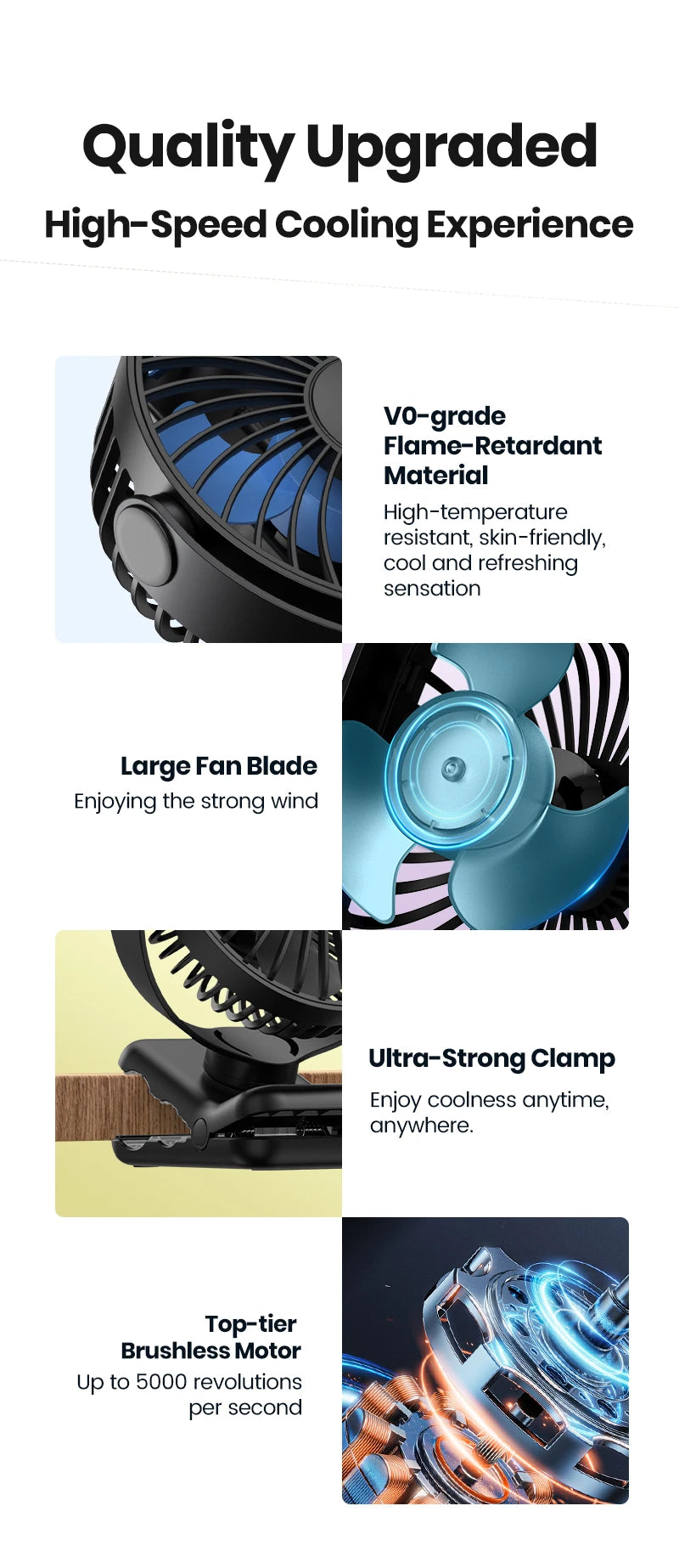 TOPK Portable Clip Desk Fan – USB, 720° Rotation
