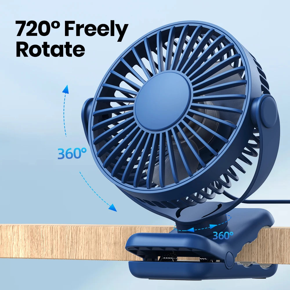 TOPK Portable Clip Desk Fan – USB, 720° Rotation