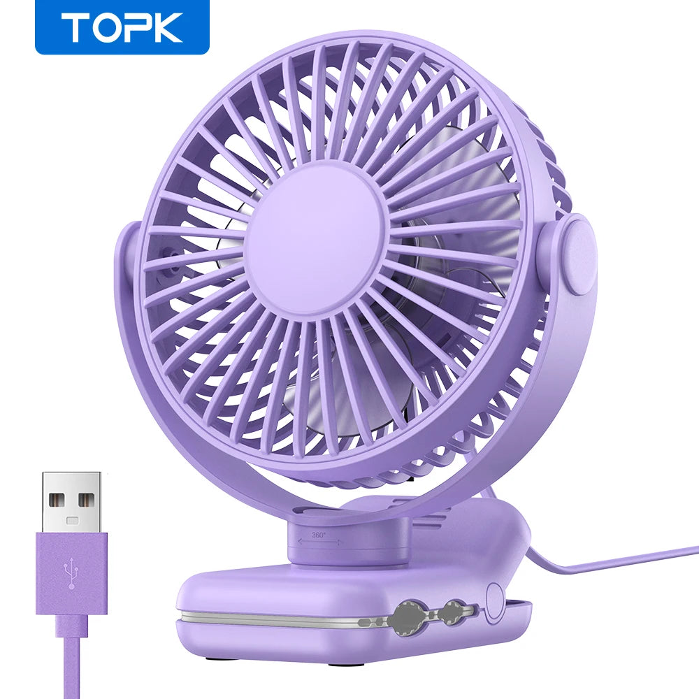 TOPK Portable Clip Desk Fan – USB, 720° Rotation