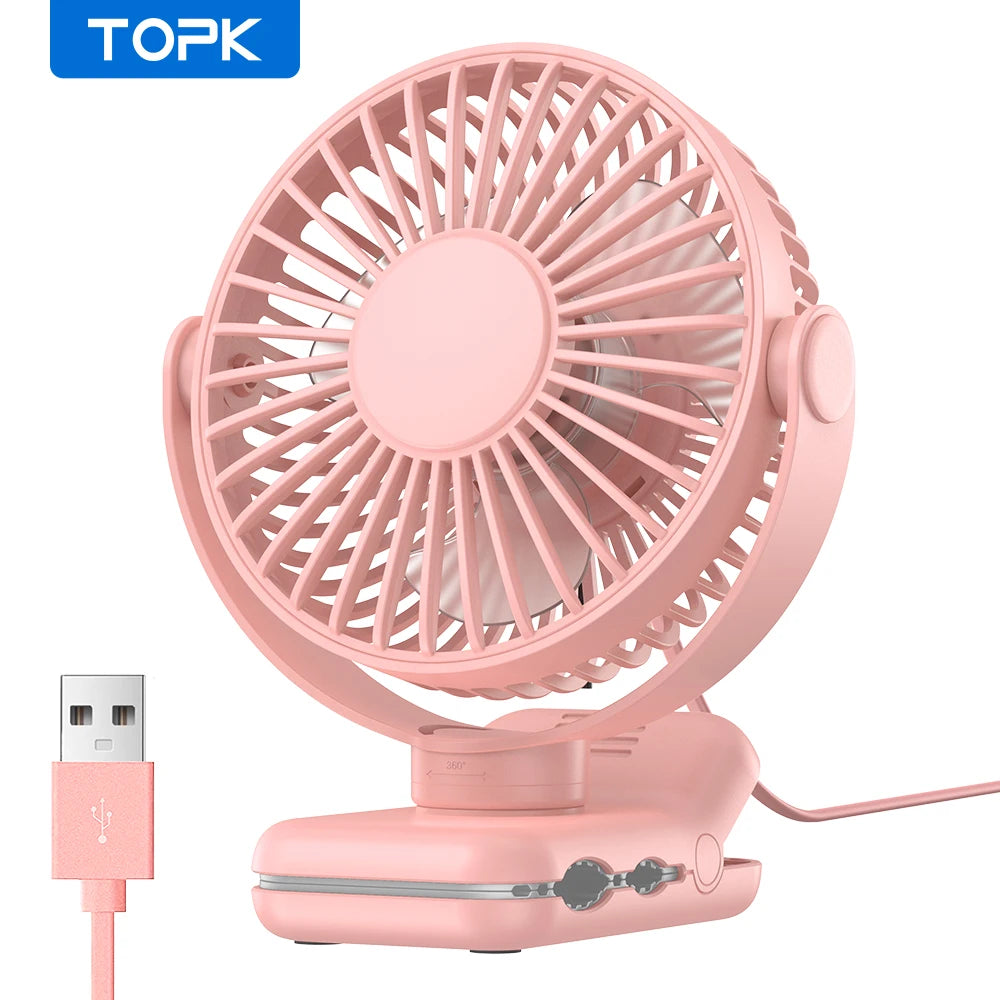 TOPK Portable Clip Desk Fan – USB, 720° Rotation