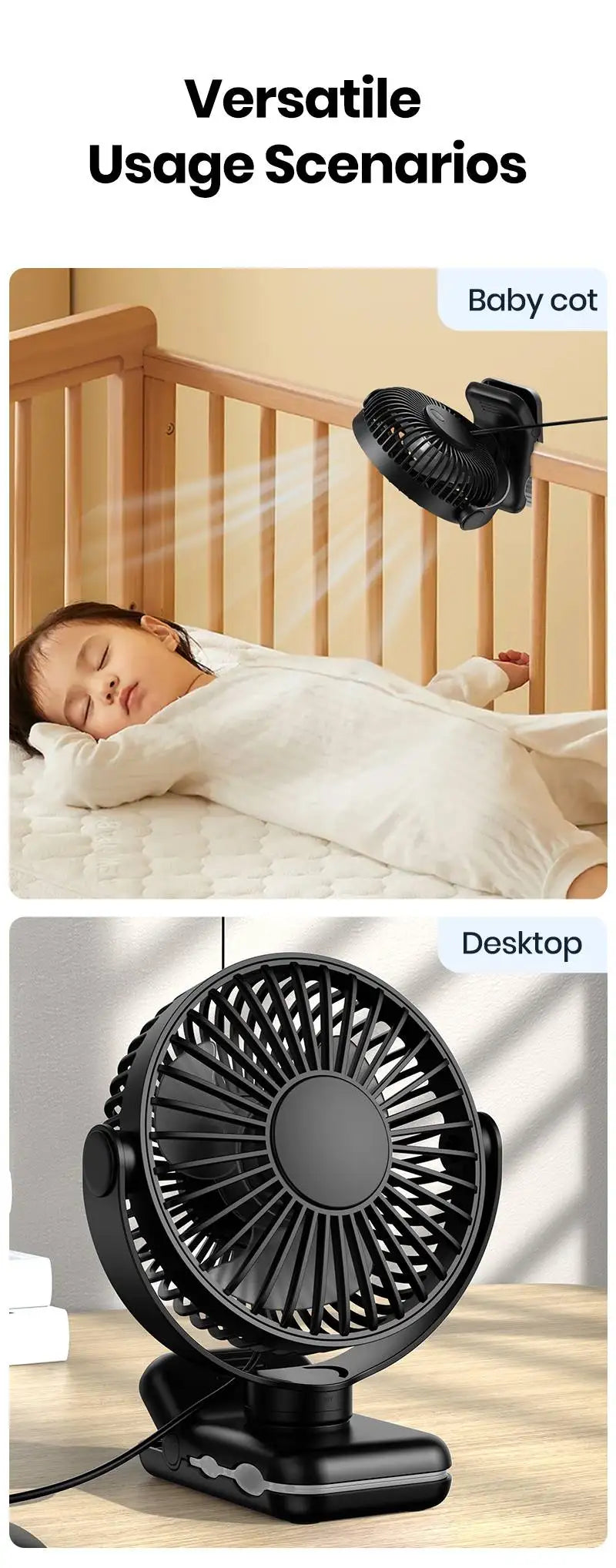 TOPK Portable Clip Desk Fan – USB, 720° Rotation