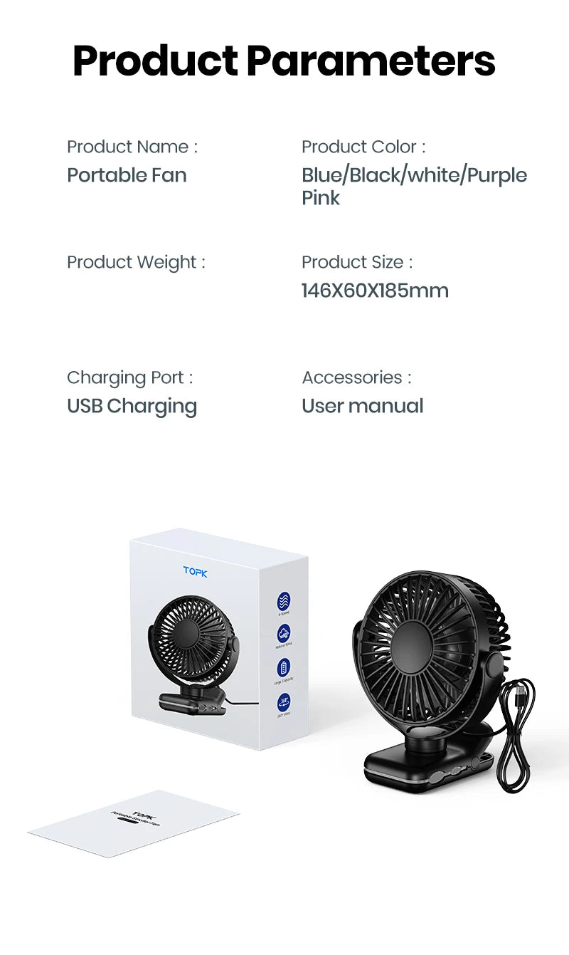 TOPK Portable Clip Desk Fan – USB, 720° Rotation
