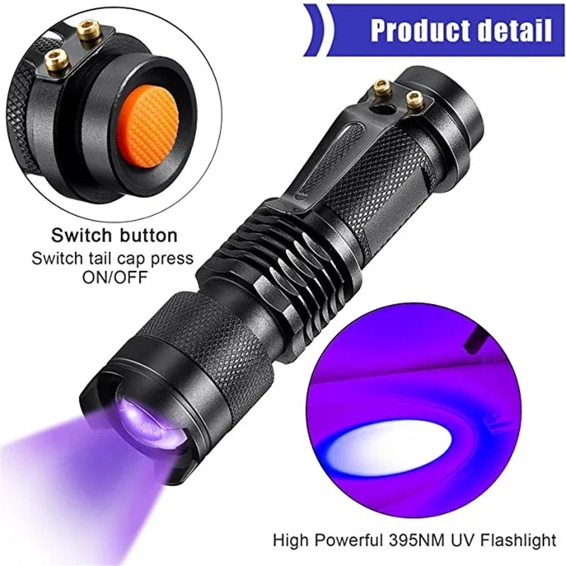 Portable UV Flashlight – 365/395nm, Rechargeable