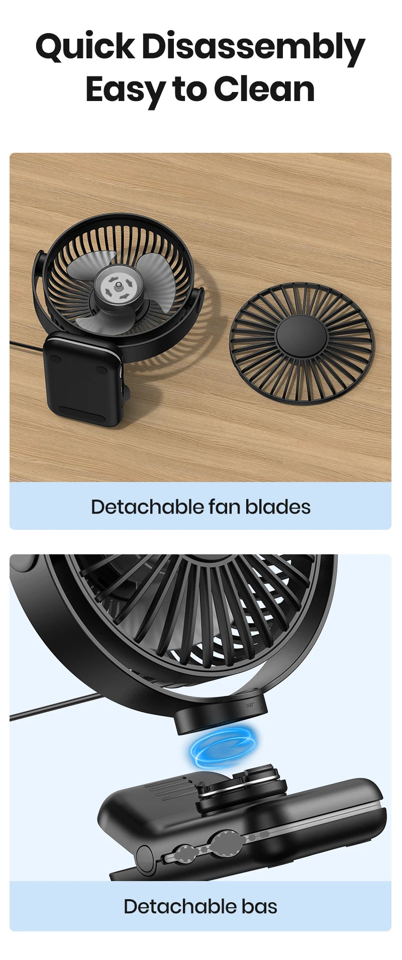 TOPK Portable Clip Desk Fan – USB, 720° Rotation