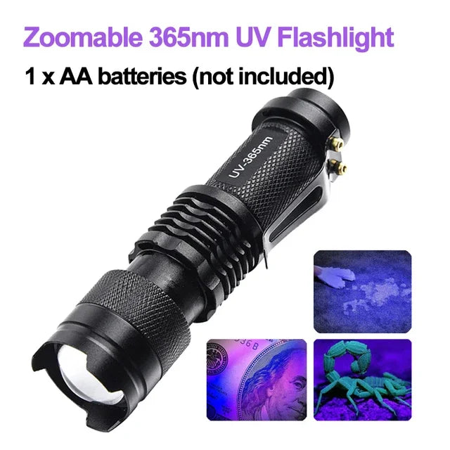 Portable UV Flashlight – 365/395nm, Rechargeable