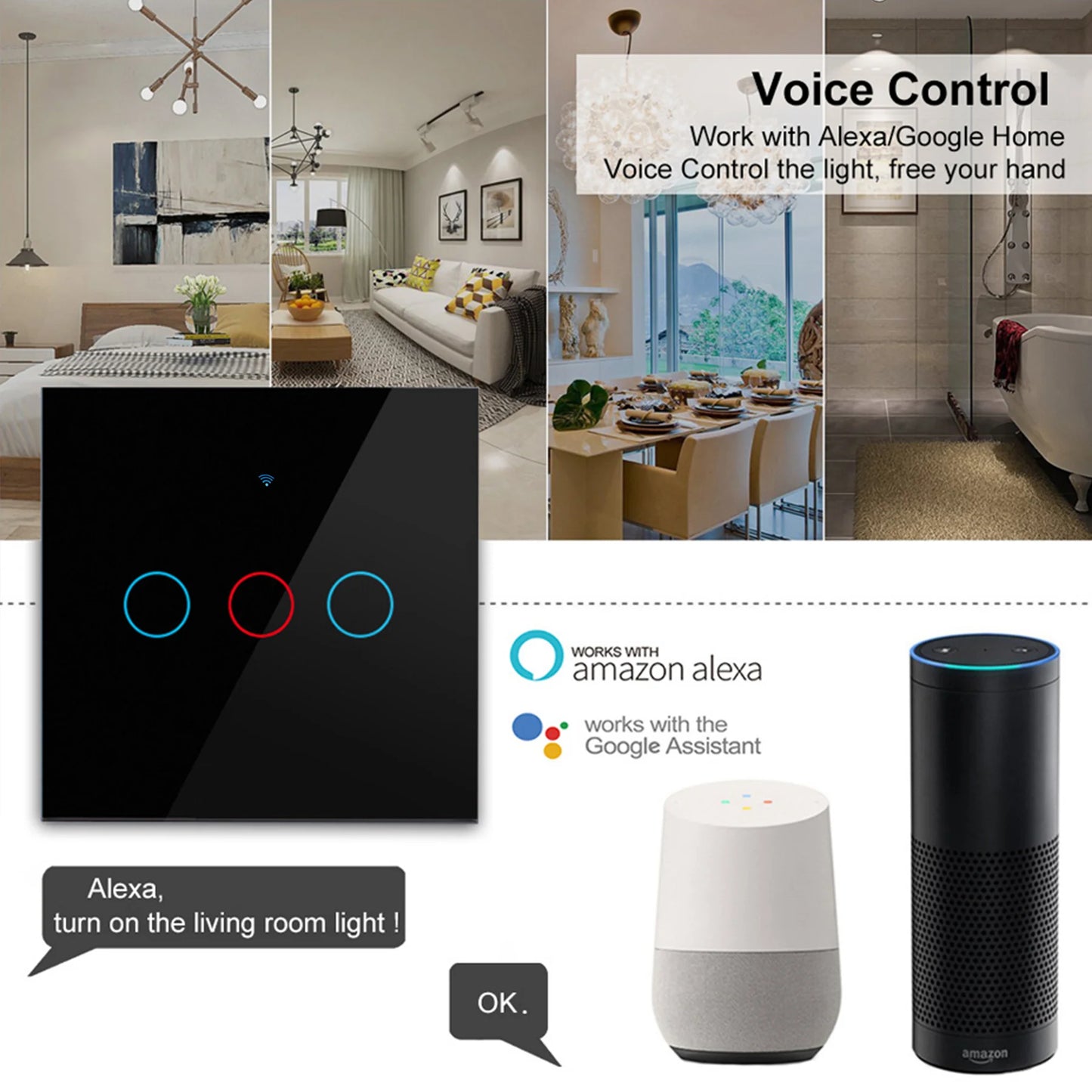 WiFi Smart Light Switch – No Neutral Wire, Alexa Compatible