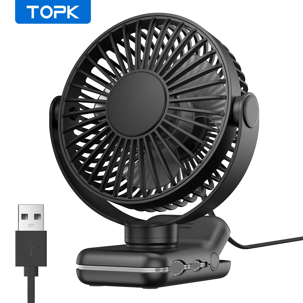 TOPK Portable Clip Desk Fan – USB, 720° Rotation