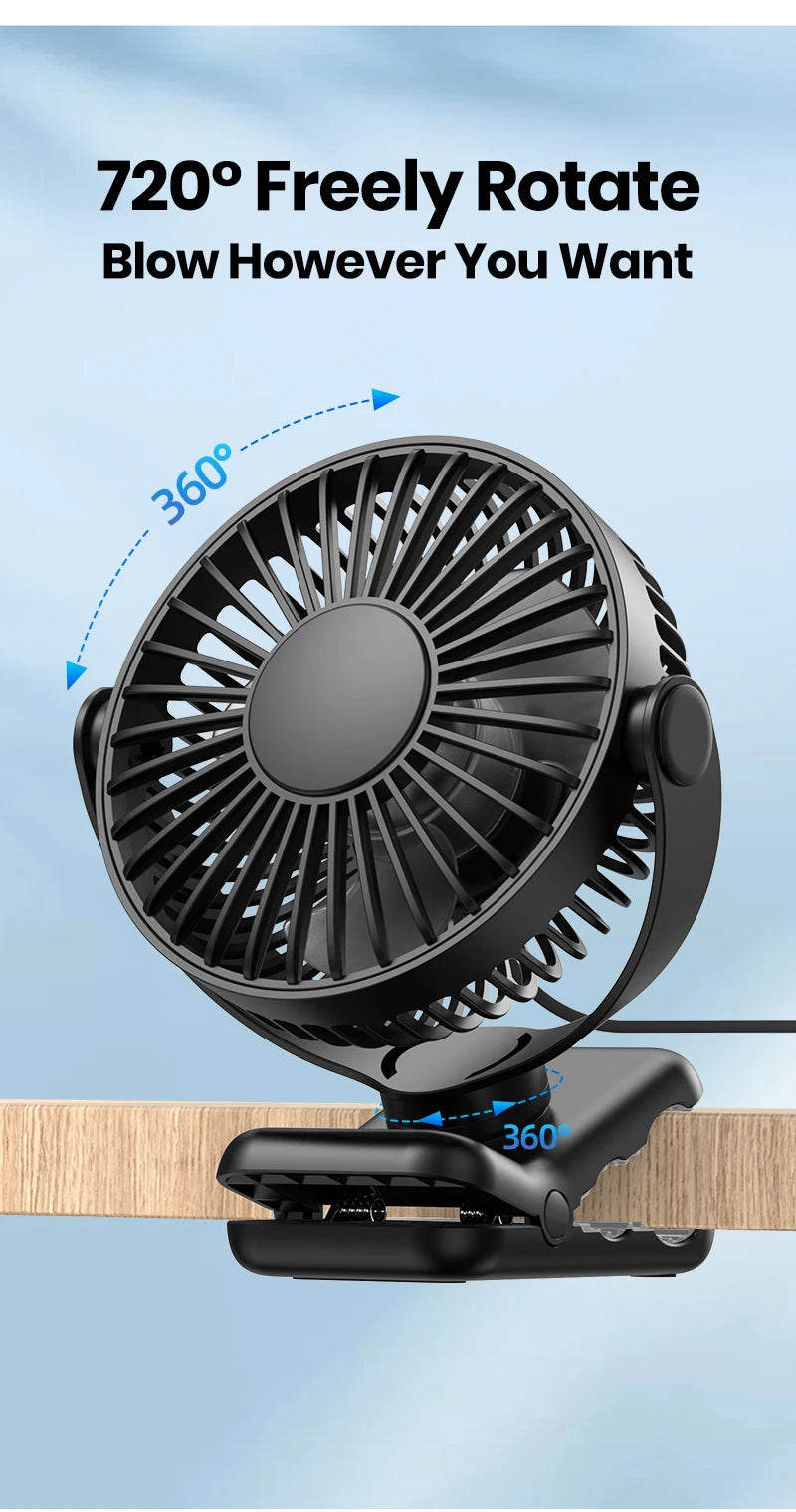 TOPK Portable Clip Desk Fan – USB, 720° Rotation