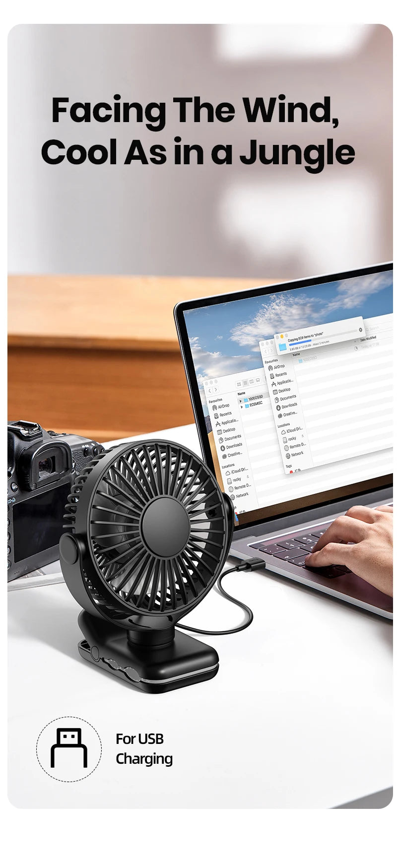 TOPK Portable Clip Desk Fan – USB, 720° Rotation