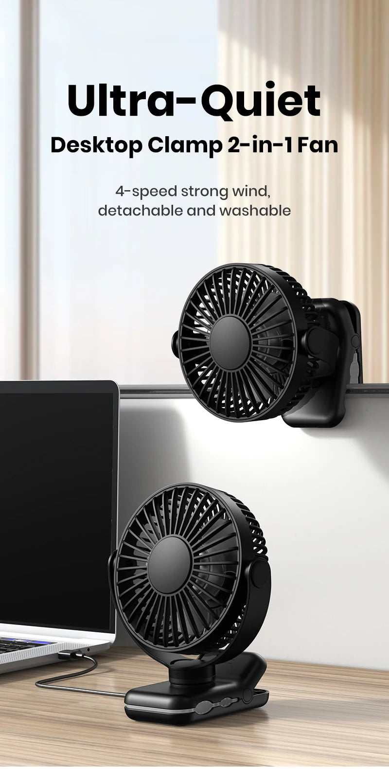 TOPK Portable Clip Desk Fan – USB, 720° Rotation