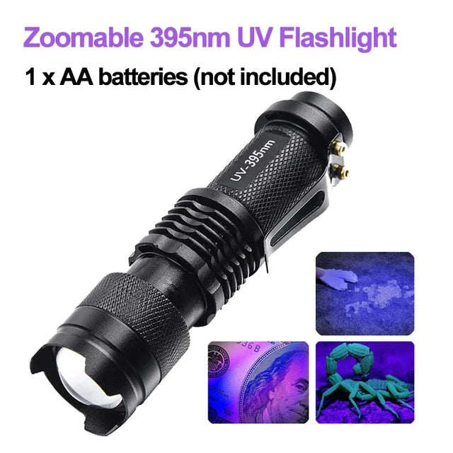 Portable UV Flashlight – 365/395nm, Rechargeable