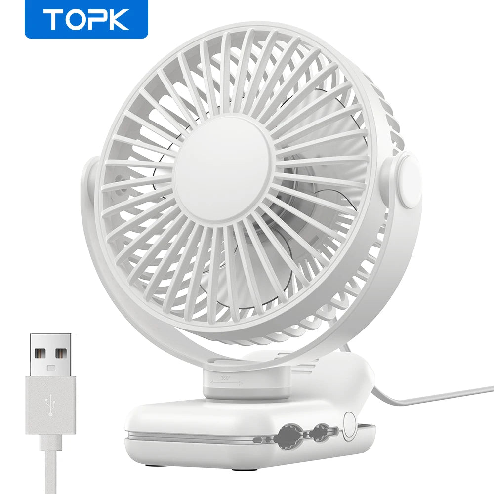 TOPK Portable Clip Desk Fan – USB, 720° Rotation